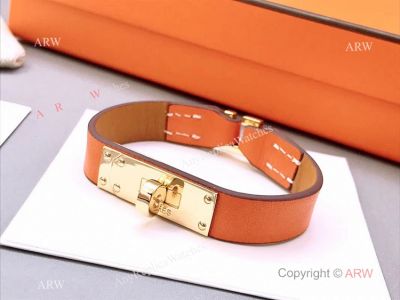 Best Copy Hermes Orange Calf Leather Bracelet & Gold Clasp